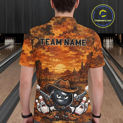Custom Funny Western Cowboy Bowling Men Polo Shirts, Desert Camo Bowling Jerseys IPHW11638