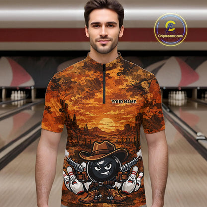 Custom Funny Western Cowboy Bowling Men Quarter Zip Shirts, Desert Camo Bowling Jerseys IPHW11638