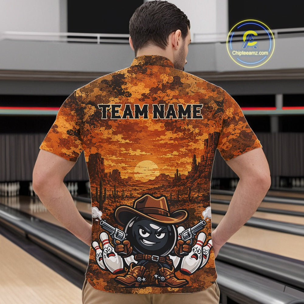 Custom Funny Western Cowboy Bowling Men Quarter Zip Shirts, Desert Camo Bowling Jerseys IPHW11638