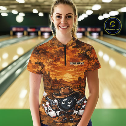 Custom Funny Western Cowboy Bowling Women Quarter-Zip Shirts, Desert Camo Bowling Jersey IPHW11638