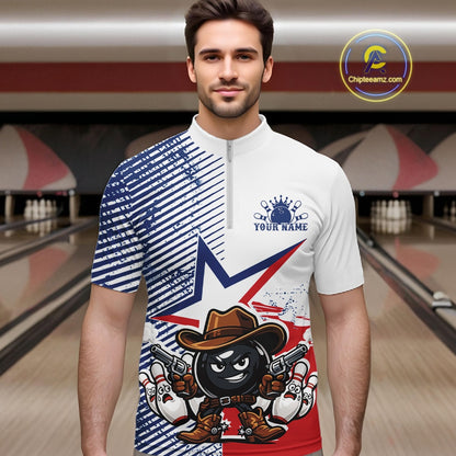 Custom Funny Texas Cowboy Bowling Men Quarter Zip Shirt, Texas Flag Bowling League Shirt IPHW11639
