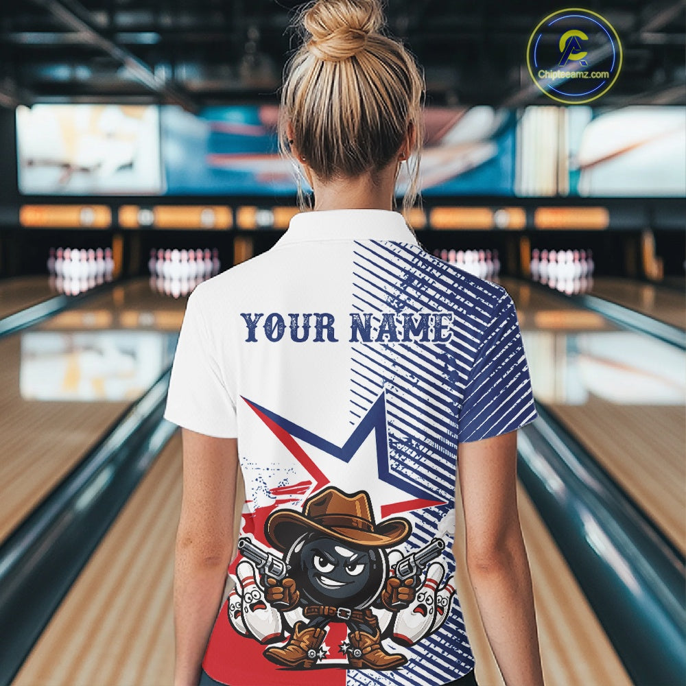 Custom Funny Texas Cowboy Bowling Women Quarter-Zip Shirt, Texas Flag Bowling Shirt IPHW11639