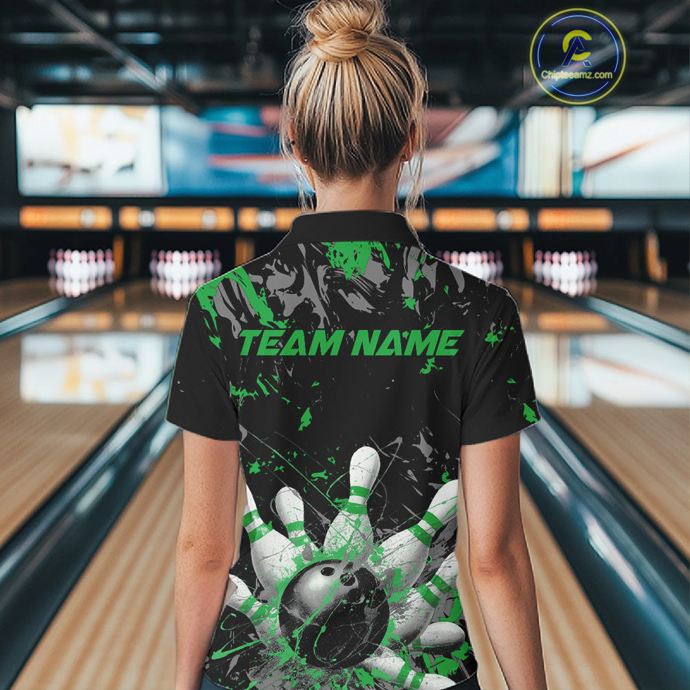 Custom Black And Green Splatter Camo Bowling Team Quarter-Zip Shirts For Women IPHW10796