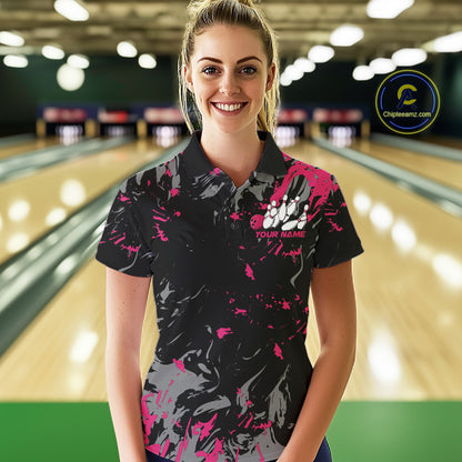 Custom Black And Pink Splatter Camo Bowling Team Polo Shirts For Women IPHW10797