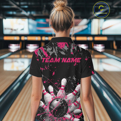 Custom Black And Pink Splatter Camo Bowling Team Polo Shirts For Women IPHW10797