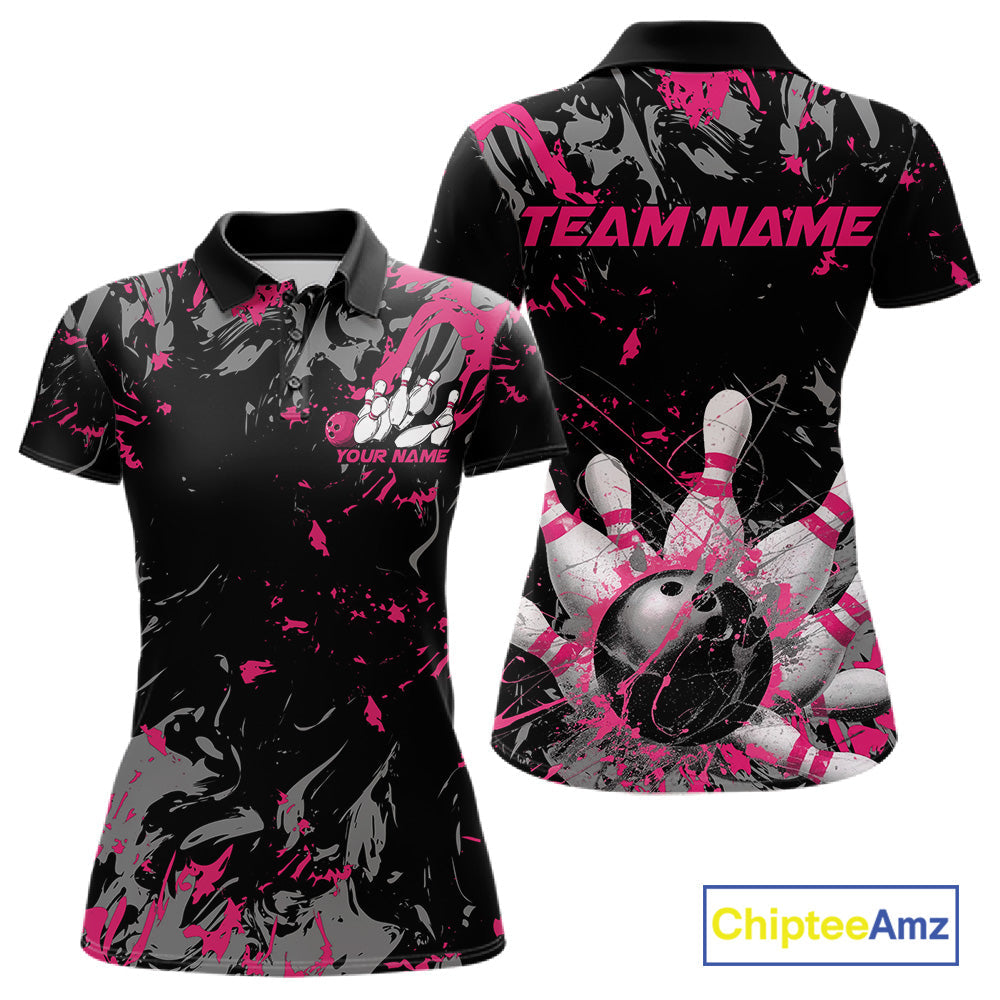 Custom Black And Pink Splatter Camo Bowling Team Polo Shirts For Women IPHW10797