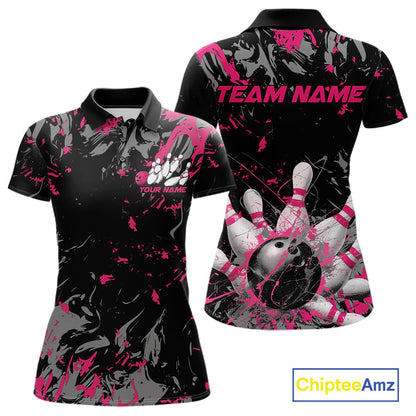 Custom Black And Pink Splatter Camo Bowling Team Polo Shirts For Women IPHW10797