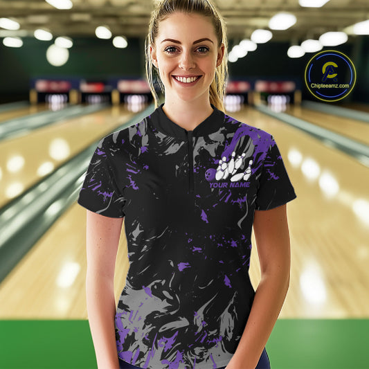 Custom Black And Purple Splatter Camo Bowling Team Quarter-Zip Shirts For Women IPHW10798