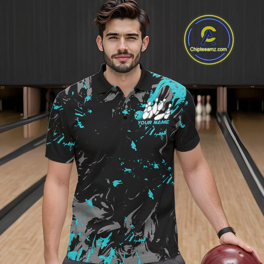 Custom Black And Turquoise Blue Splatter Camo Bowling Team Polo Shirts For Men IPHW10799