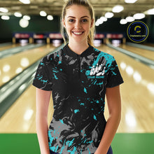 Load image into Gallery viewer, Custom Black And Turquoise Blue Splatter Camo Bowling Team Quarter-Zip Shirts For Women IPHW10799