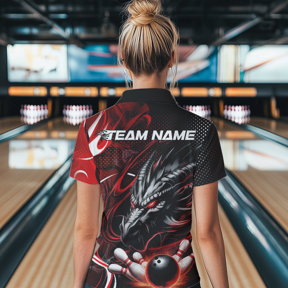 Custom Black And Red Flame Dragon Bowling Jerseys, Dragon Bowling Women Quarter-Zip Shirts IPHW8919