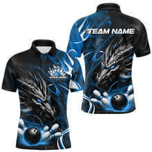 Load image into Gallery viewer, Custom Black And Blue Flame Dragon Bowling Jerseys, Dragon Bowling Team Men Polo Shirts IPHW8920