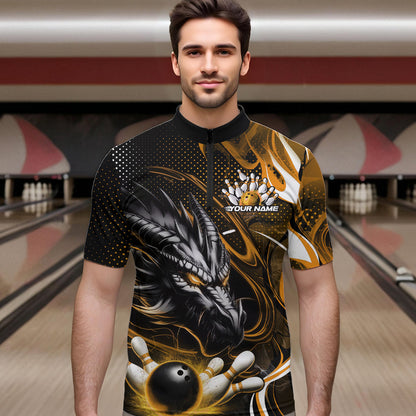 Custom Black And Yellow Flame Dragon Bowling Jerseys, Dragon Bowling Team Men Quarter-Zip Shirts IPHW8921