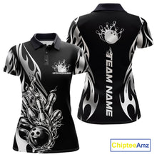 Load image into Gallery viewer, Front and back view mockup of a women’s black polo shirt featuring a silver metal tribal flame design with a bowling ball striking pins in a clean, modern style.