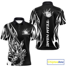 Load image into Gallery viewer, Front and back view mockup of a men’s black polo shirt featuring a silver metal tribal flame bowling ball striking pins in a clean, modern sports apparel style.