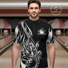 Load image into Gallery viewer, Male model front view in bowling lane wearing black quarter zip shirt with silver metal tribal flame and bowling ball knocking down pins in action.