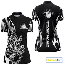 Load image into Gallery viewer, Womens quarter zip bowling shirt mockup, black base with silver metal tribal flame bowling ball knocking down pins dynamic illustration
