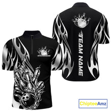 Load image into Gallery viewer, Front and back mockup of black quarter zip shirt with silver metal tribal flame and bowling ball striking pins in clean, modern sports apparel style.