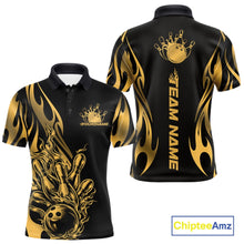 Load image into Gallery viewer, Front and back view mockup of a men’s black polo shirt featuring a golden metal tribal flame bowling ball striking pins in a premium sports apparel design.