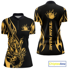 Load image into Gallery viewer, Womens quarter zip bowling shirt mockup, black shirt featuring golden metal tribal flame bowling ball striking pins bold artwork