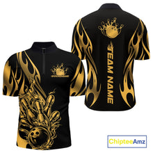 Load image into Gallery viewer, Front and back apparel mockup of black men’s quarter zip shirt with golden metal tribal flame design and bowling ball knocking down pins in dramatic style.