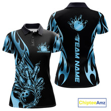 Load image into Gallery viewer, Front and back mockup of women’s black polo shirt featuring blue gradient tribal flame bowling ball striking pins in modern sports apparel design.