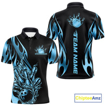 Load image into Gallery viewer, Front and back view mockup of a men’s black polo shirt featuring a blue gradient tribal flame bowling ball striking pins in a clean, modern sports apparel style.