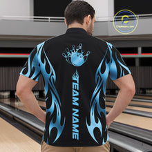 Load image into Gallery viewer, At the bowling lane, front view male model wearing black quarter zip shirt featuring blue tribal flame bowling ball striking pins in vivid motion artwork.