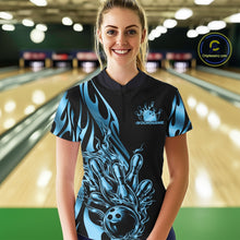 Load image into Gallery viewer, Female model front view at bowling lane wearing black quarter zip shirt with blue gradient flame bowling strike themed artwork