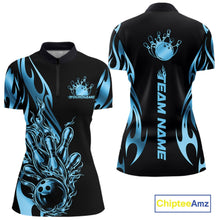 Load image into Gallery viewer, Womens quarter zip bowling shirt mockup, black shirt showcasing blue gradient tribal flame bowling ball hitting pins energetic illustration