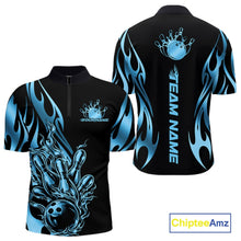 Load image into Gallery viewer, Front and back mockup of men’s black quarter zip shirt with blue gradient tribal flame design and bowling ball striking pins in bold sports-inspired styling.