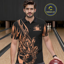 Load image into Gallery viewer, Male model seen from the front in a bowling lane wearing a black polo shirt featuring a rose gold gradient tribal flame bowling ball striking pins in a dynamic sports scene.