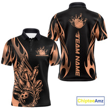 Load image into Gallery viewer, Front and back view mockup of a men’s black polo shirt featuring a rose gold gradient tribal flame bowling ball striking pins in a premium sports apparel design.