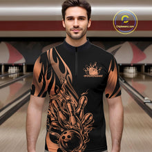 Load image into Gallery viewer, Male model seen front view in a bowling lane wearing a black quarter zip shirt featuring rose gold gradient tribal flame with bowling ball striking pins design.