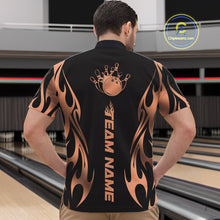 Load image into Gallery viewer, Front view of male model at bowling lane wearing black quarter zip shirt showcasing rose gold tribal flame artwork with bowling ball hitting pins in dynamic motion.