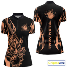 Load image into Gallery viewer, Womens quarter zip bowling shirt mockup, black base with rose gold gradient tribal flame bowling ball knocking down pins stylish design