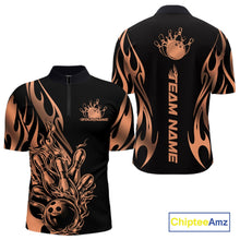 Load image into Gallery viewer, Front and back apparel mockup showing a black quarter zip shirt with rose gold gradient tribal flame and bowling ball striking pins in a sleek premium design.