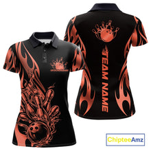 Load image into Gallery viewer, Front and back mockup of women’s black polo shirt featuring red gradient tribal flame bowling ball striking pins in striking sportswear design.
