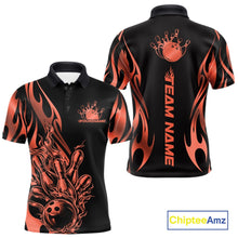 Load image into Gallery viewer, Front and back view mockup of a men’s black polo shirt featuring a red gradient tribal flame bowling ball striking pins in a premium sports apparel style.