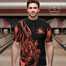 Load image into Gallery viewer, Male model front view in a bowling lane wearing a black quarter zip shirt with red gradient tribal flames and a bowling ball striking pins in action.