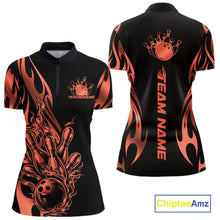 Load image into Gallery viewer, Womens quarter zip bowling shirt mockup, black shirt featuring red gradient tribal flame bowling ball striking pins dynamic illustration