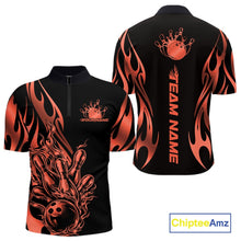 Load image into Gallery viewer, Front and back mockup of a black shirt with red gradient tribal flame styling and a bowling ball striking pins, presented as a bold sports apparel design.
