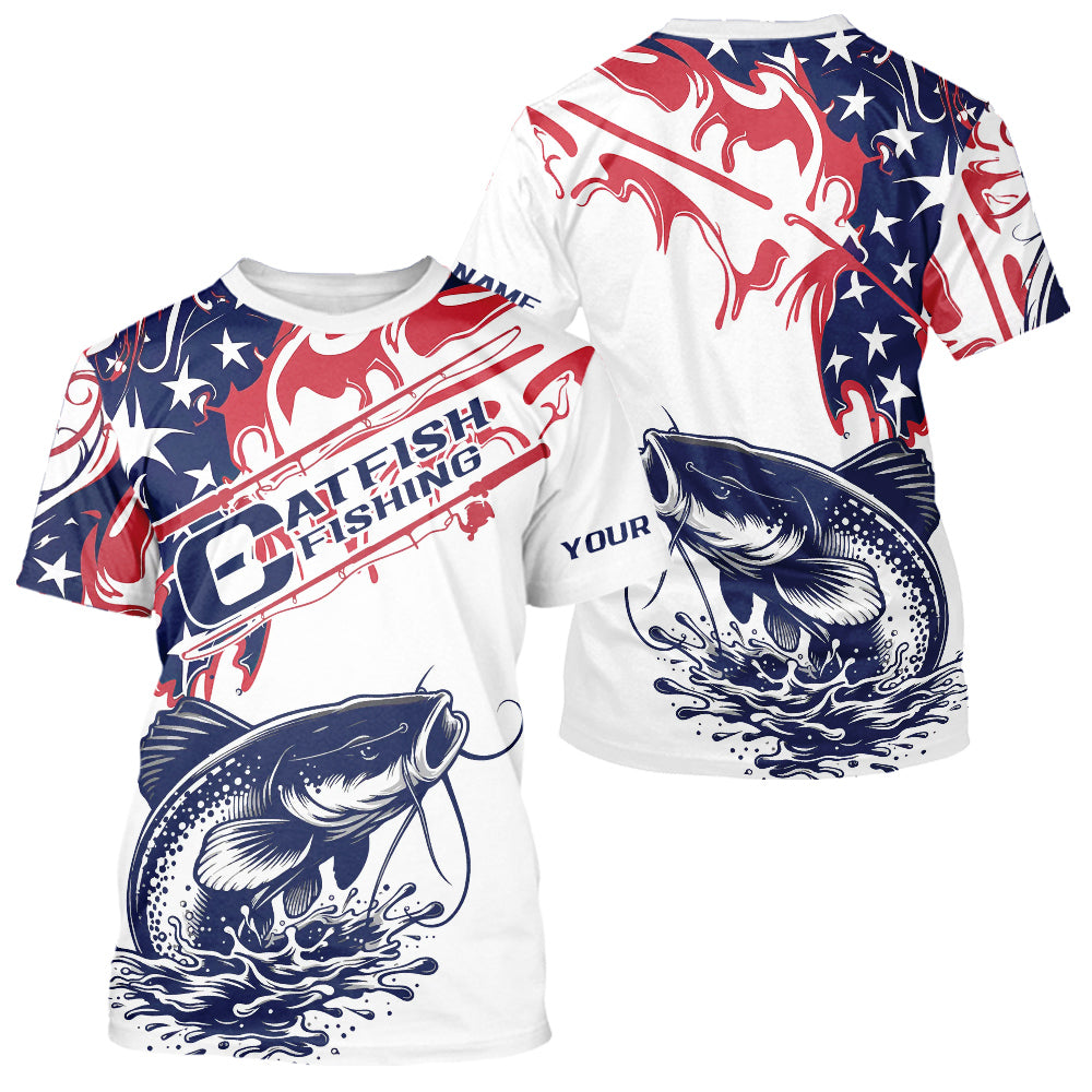 Custom American Flag Catfish Fishing T-Shirts, Patriotic Catfish Fishing Jerseys IPHW9133