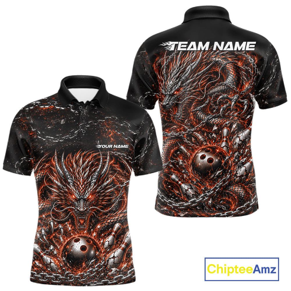 Custom black and orange dragon bowling jersey with metal chain design for team tournament apparel
