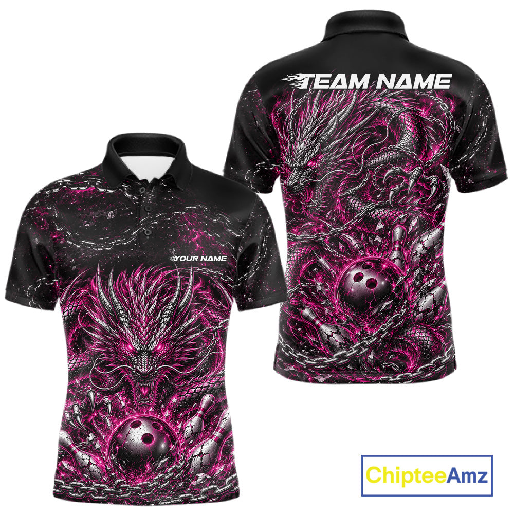 Custom black and pink dragon bowling jersey with metal chain design for team tournament apparel