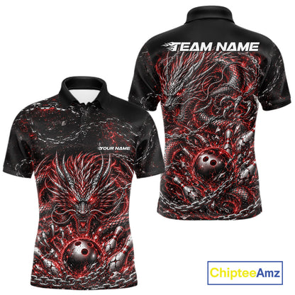 Custom black and red dragon bowling jersey with metal chain design for team tournament apparel