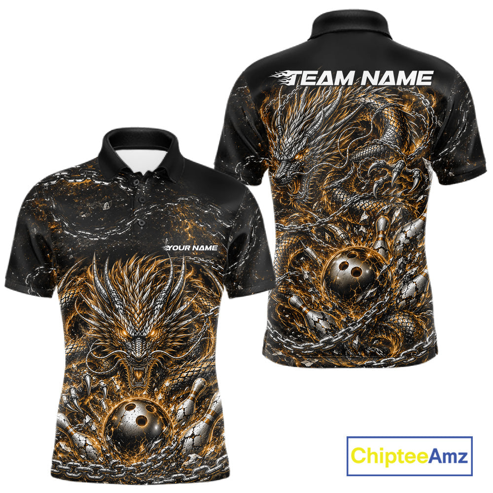 Custom black and yellow dragon bowling jersey with metal chain design for team tournament apparel