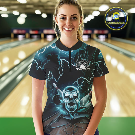 Custom Blue Thunder Lightning Skull Bowling Quarter-Zip Shirt For Women, Halloween Outfit IPHW9497