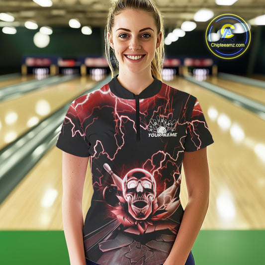 Custom Red Thunder Lightning Skull Bowling Quarter-Zip Shirt For Women, Halloween Outfit IPHW9498
