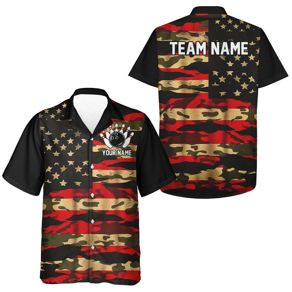 Custom American Flag Patriotic Bowling Hawaiian Shirts For Kid, Camo Bowling Team Jerseys IPHW7172